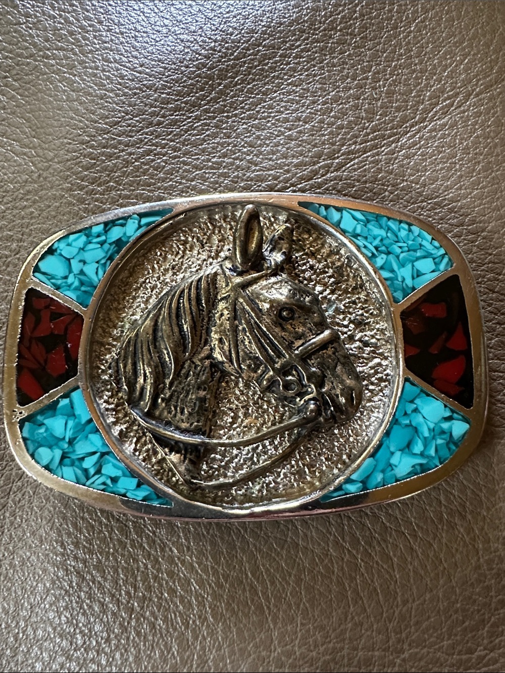 Horse Head Inlay Western Belt Buckle - Turquoise & Red Navajo